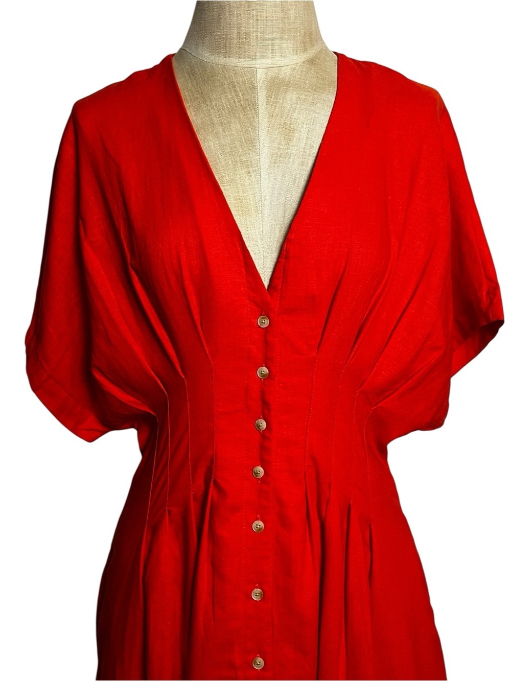 Scotch & Soda Pleated Dolman Sleeve Linen Blend Orange Midi Dress Small - Picture 5 of 14